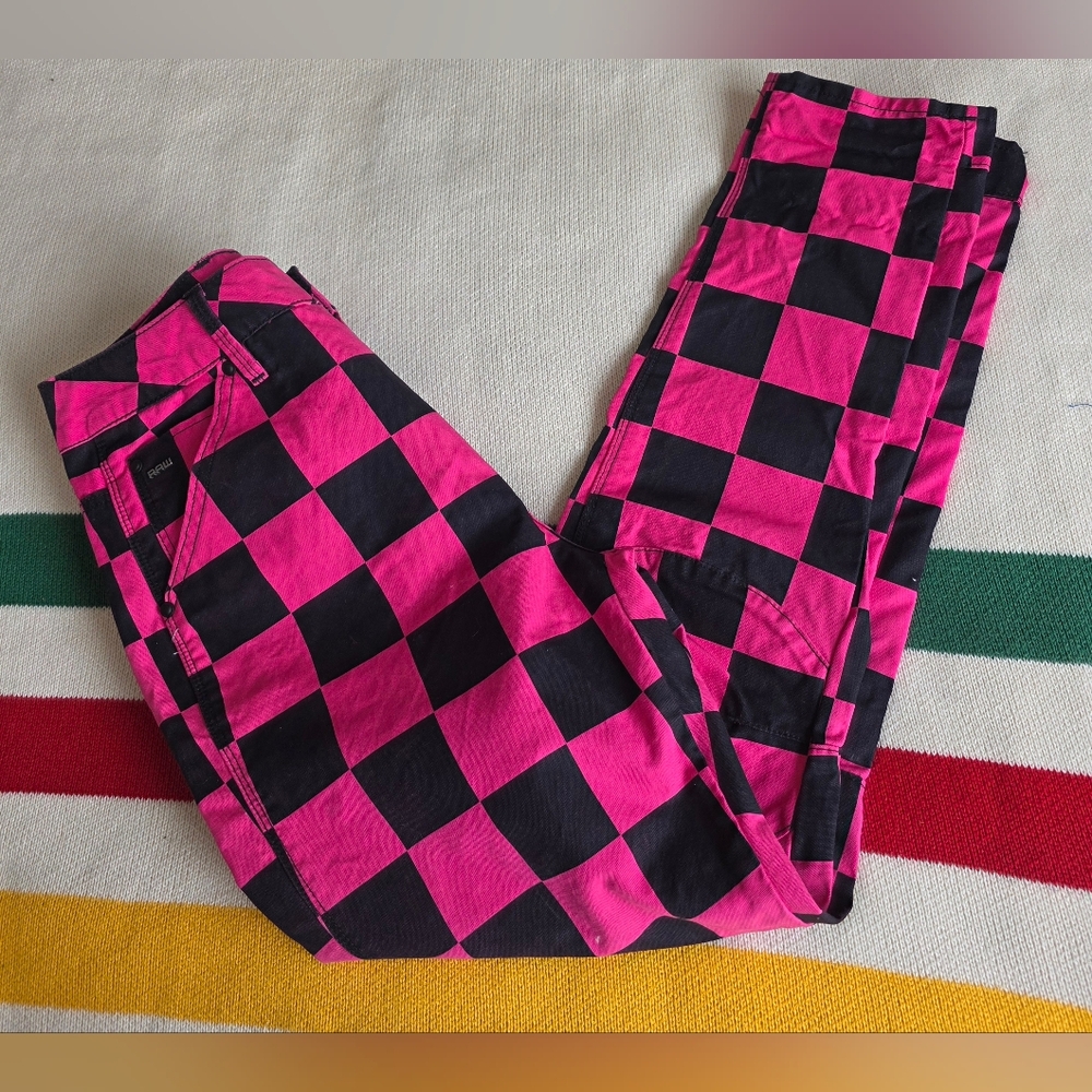 G-Star Raw Elwood X25 3D Pink & Black Chef's Check Print Boyfriend Jeans S 27